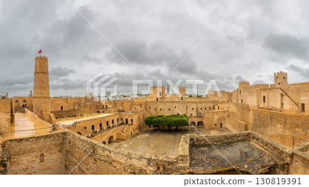 Inner yards and walls of Ribat of Monastir panorama under cloudy skies, Monastir, Monastir Governorate 130819391