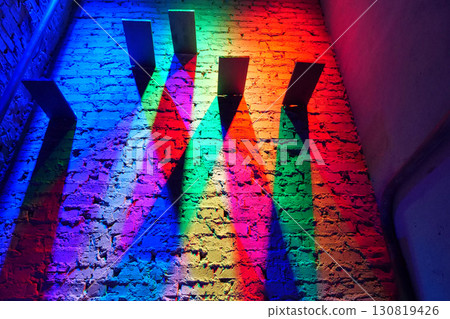 Real lighting from lamps of different colors. Play of colors, light and shadows Real lighting from lamps of different colors. Play of colors, light and shadows 130819426