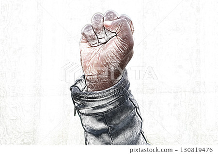 Raised black man fist in protest Raised black man fist in protest 130819476