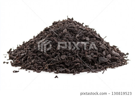 Dry black tea leaves isolated on white background. Pile of Dried fermented tea. Black Tea Leaves Heap. Close Up, Macro. Front View. Texture. Copy Space. Dried Tea. Abstract Food and Drink Backdrop. Dry black tea leaves isolated on white background. Pile of Dried fermented tea. Black Tea Leaves Heap. Close Up, Macro. Front View. Texture. Copy Space. Dried Tea. Abstract Food and Drink Backdrop. 130819523