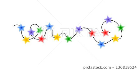Christmas colorful multicolored lights curly string garland, doodle hand drawn vector illustration, flat cartoon seasonal image for winter New Year holiday, birthday events design Christmas colorful multicolored lights curly string garland, doodle hand drawn vector illustration, flat cartoon seasonal image for winter New Year holiday, birthday events design 130819524