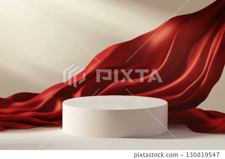 Red silk fabric and white circle cylinder podium. Display scene. Product space. Drapery. Show mockup presentation. Abstract background. Textile pattern. Cloth cover pedestal satin. Creases and shadows Red silk fabric and white circle cylinder podium. Display scene. Product space. Drapery. Show mockup presentation. Abstract background. Textile pattern. Cloth cover pedestal satin. Creases and shadows 130819547