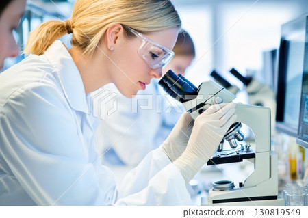 Scientist looking through microscope and using Laptop. Research female student scientist working in the Laboratory. Lab technician chemist analyzing sample through microscope. Conducting an experiment Scientist looking through microscope and using Laptop. Research female student scientist working in the Laboratory. Lab technician chemist analyzing sample through microscope. Conducting an experiment 130819549