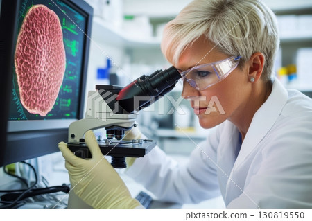 Scientist looking through microscope and using Laptop. Research female student scientist working in the Laboratory. Lab technician chemist analyzing sample through microscope. Conducting an experiment Scientist looking through microscope and using Laptop. Research female student scientist working in the Laboratory. Lab technician chemist analyzing sample through microscope. Conducting an experiment 130819550