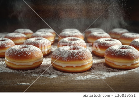 Sprinkling sugar powder on delicious donut. Homemade donuts lush and sweet dusted with powdered sugar on a wooden surface. Copy space image. Place for adding text and design. Baked pastry doughnuts Sprinkling sugar powder on delicious donut. Homemade donuts lush and sweet dusted with powdered sugar on a wooden surface. Copy space image. Place for adding text and design. Baked pastry doughnuts 130819551
