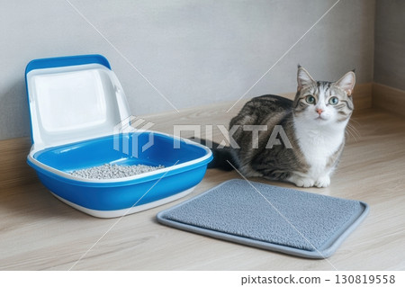 Tabby Cat and Cat's Litter Box in a room. Pet Care and Accessories, care products. Clean cat litter box with scoop on wooden floor against gray wall. Cleanliness, hygiene. Cat toilet. Hygiene for pets 130819558