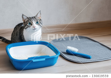 Tabby Cat and Cat's Litter Box in a room. Pet Care and Accessories, care products. Clean cat litter box with scoop on wooden floor against gray wall. Cleanliness, hygiene. Cat toilet. Hygiene for pets 130819559