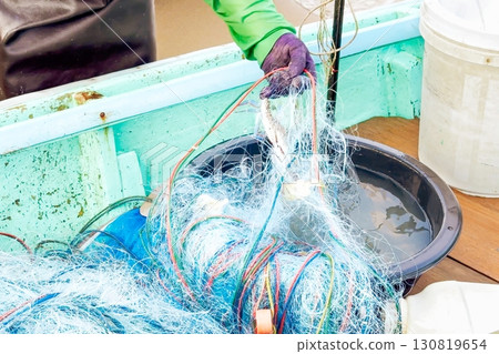 Fishman gloved hand lifts water-drenched net from a bucket, untangling the sea's bounty, catch is revealed, showcasing essence of fishing, blend of grit, skill, and the ocean's generosity 130819654