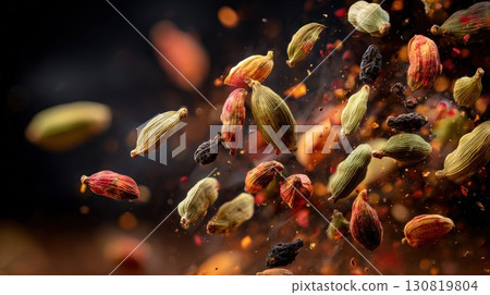autumn background of yellow dry cloves and red beans 130819804