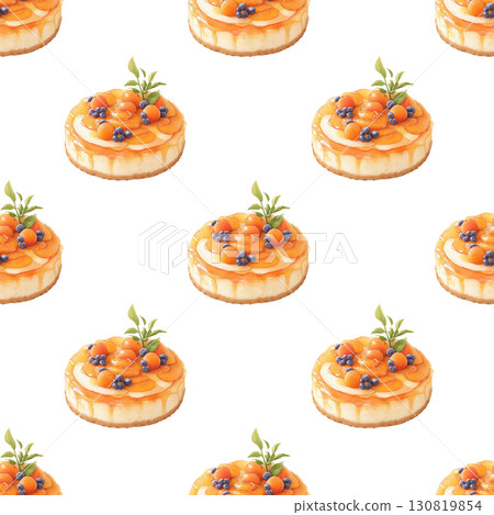 Juicy apricot cake seamless watercolor pattern with golden crust and fruit layers. White background design for summer bakery branding and packaging 130819854