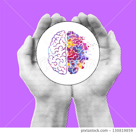 Hands Holding an Circle with Watercolor Brain Illustration Symbolizing Knowledge, Creativity 130819859