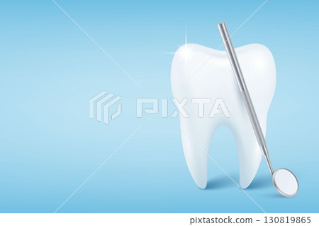Healthy White Tooth with Dental Mirror Blue Background, Vector Illustration. Dentistry Icon for Dental Care, Oral Hygiene, Stomatology Clinic, Dentist Poster, Medical Health, Treatment Concept Healthy White Tooth with Dental Mirror Blue Background, Vector Illustration. Dentistry Icon for Dental Care, Oral Hygiene, Stomatology Clinic, Dentist Poster, Medical Health, Treatment Concept 130819865