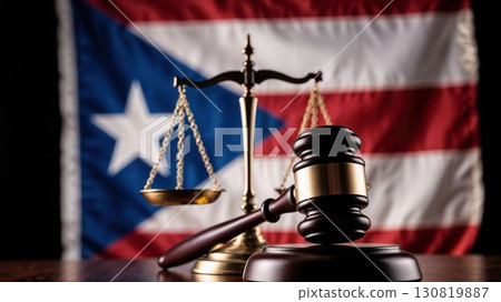 Gavel and scales of justice on Puerto Rico flag background 130819887