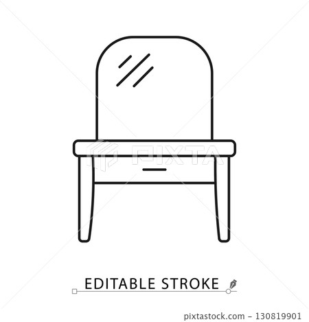 A dressing table icon in minimalist style with editable stroke. Bedroom furniture symbol, mirror element, vanity object, interior concept, home decor pictogram, beauty desk design, household graphic. A dressing table icon in minimalist style with editable stroke. Bedroom furniture symbol, mirror element, vanity object, interior concept, home decor pictogram, beauty desk design, household graphic. 130819901