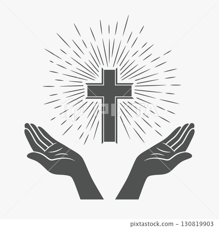 Black and White Open Hands with Cross and Divine Light, Symbol of Faith and Prayer. Design Template for Church Logo. Prayer, Religion Concept Monochrome Cut Out Silhouette Icon. Vector Illustration 130819903