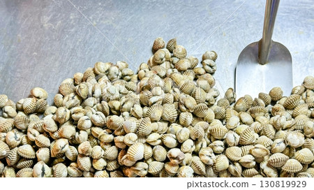 Seafood. Fresh, unshelled cockles, a popular choice for savory street food. Raw, uncooked state of shellfish, ready for culinary use, perfect for marketplaces or seafood themed visuals Seafood. Fresh, unshelled cockles, a popular choice for savory street food. Raw, uncooked state of shellfish, ready for culinary use, perfect for marketplaces or seafood themed visuals 130819929