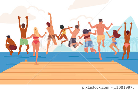 Young summer people wearing swimwear jumping to sea water from wooden pier cartoon background Young summer people wearing swimwear jumping to sea water from wooden pier cartoon background 130819973