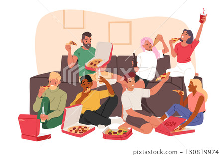 Happy friends enjoying pizza having fun together sitting on sofa couch indoors cartoon scene 130819974