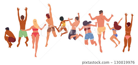 Happy joyful people cartoon characters wearing swimsuits in jumping pose isolated on white Happy joyful people cartoon characters wearing swimsuits in jumping pose isolated on white 130819976
