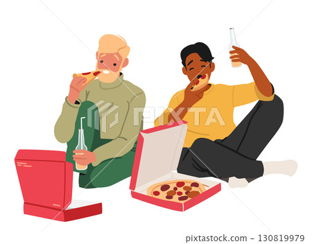 Relaxed guys cartoon characters eating pizza together drinking beverages sharing good mood Relaxed guys cartoon characters eating pizza together drinking beverages sharing good mood 130819979