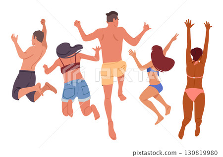 Young people cartoon tourists characters in swimwear jumping view from back isolated on white 130819980
