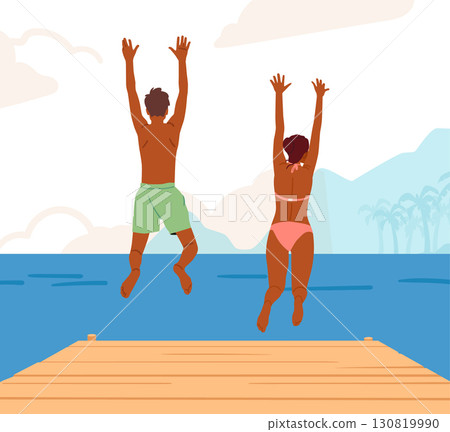 Suntanned guy and girl wearing swimwear with raised hands jumping into water from beach pier Suntanned guy and girl wearing swimwear with raised hands jumping into water from beach pier 130819990