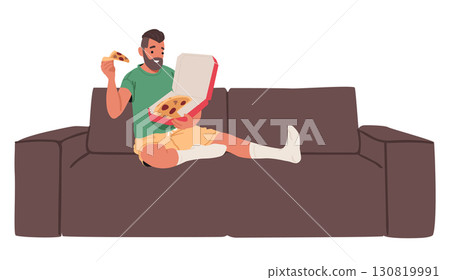 Happy smiling relaxed man eating pizza while sitting on home sofa isolated on white background 130819991
