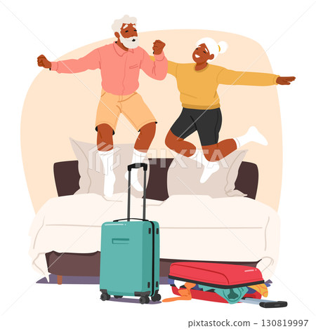 Happy elderly couple jumping on bed celebrating pension preparing luggage for travel cartoon scene Happy elderly couple jumping on bed celebrating pension preparing luggage for travel cartoon scene 130819997