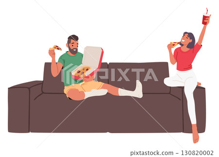 Happy loving couple eating pizza together while sitting on home sofa isolated on white background Happy loving couple eating pizza together while sitting on home sofa isolated on white background 130820002