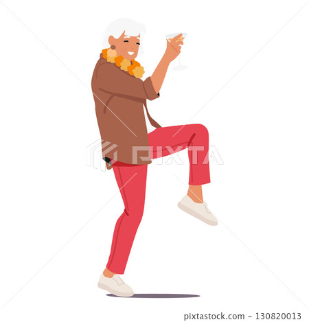 Elderly woman wearing tropical beads of flowers and leaves cute drinking cocktail and dancing 130820013