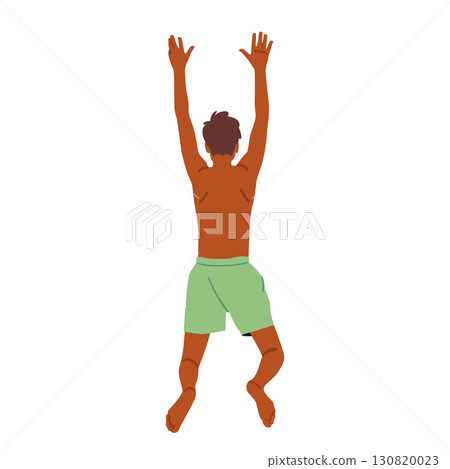 Teenage guy cartoon character wearing swimming trousers jumping hanging in air with arms raised 130820023