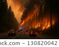 Dramatic forest fire engulfing trees along a highway with vehicles navigating through smoke 130820042