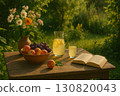 Refreshing summer beverage with fruits and flowers on a rustic wooden table in a lush garden 130820043