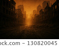 Abandoned cityscape with crumbling buildings and eerie orange sky creating a post-apocalyptic atmosphere 130820045