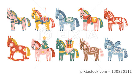 Cute Merry Christmas horses decorative elements with traditional ornaments for winter holidays 130820111