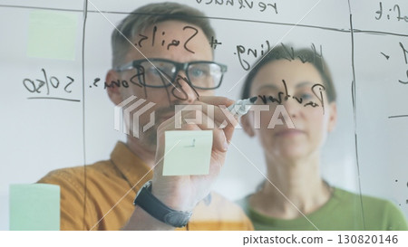 Business team of professionals brainstorming near glass board, using sticky notes for strategic planning, writing calculations, sharing innovative ideas during collaborative work 130820146