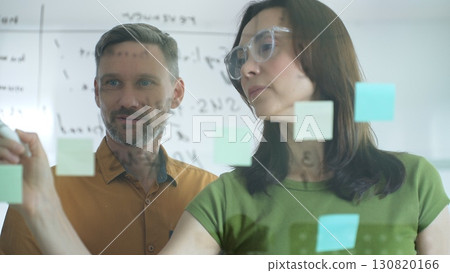 Business colleagues collaborating, writing ideas on sticky notes, working near glass board in contemporary workplace, sharing creative strategies and team approach. Business people concept Business colleagues collaborating, writing ideas on sticky notes, working near glass board in contemporary workplace, sharing creative strategies and team approach. Business people concept 130820166