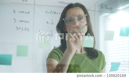 Businesswoman writing notes on glass board, surrounded by sticky papers during strategic planning meeting in sunlit corporate workspace 130820189