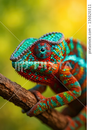 Vibrant Panther Chameleon Portrait On Branch With Turquoise And Red Mosaic Scales 130820311