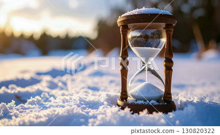 雪地裡的沙漏/象徵時間的短暫和冬天的寂靜的概念背景圖像 130820322
