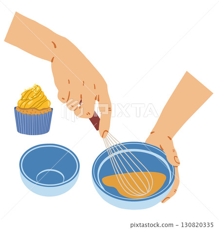 Human hands beating dough with wire whisk above vector illustration. Baking muffins recipe. Cooking healthy food by recipe, pie preparing Human hands beating dough with wire whisk above vector illustration. Baking muffins recipe. Cooking healthy food by recipe, pie preparing 130820335