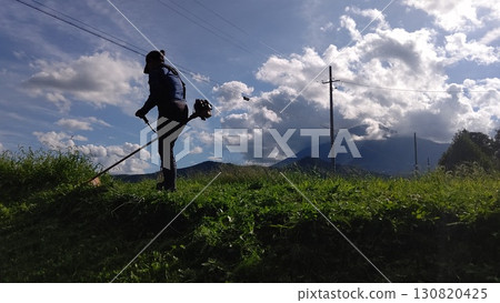 一名婦女在農場道路上割草 一名婦女在農場道路上割草 130820425