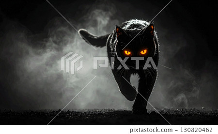 Floating Black Cat Silhouette with Glowing Eyes. Hallowen Concept. Generated Image Floating Black Cat Silhouette with Glowing Eyes. Hallowen Concept. Generated Image 130820462