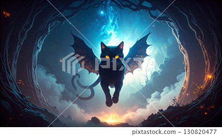 Floating Black Cat Silhouette with Glowing Eyes. Hallowen Concept. Generated Image Floating Black Cat Silhouette with Glowing Eyes. Hallowen Concept. Generated Image 130820477
