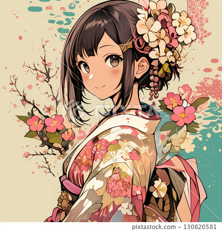 Illustration of a smiling young woman wearing a furisode kimono and camellia flower decoration 130820581