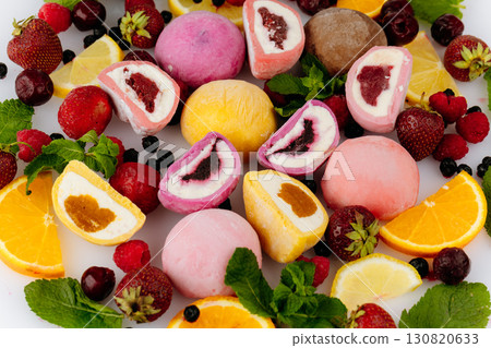 Colorful assorted mochi ice cream with berries, citrus, and mint on white background 130820633