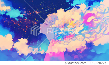 埋在雲朵和星星裡的女人的水彩插圖 130820724