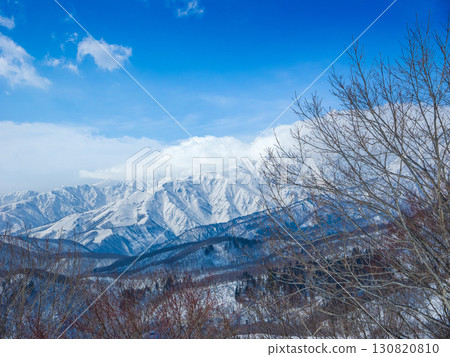 Snowy scenery of the Hakuba mountain range in the Northern Alps in winter as seen from a gondola (taken from Tsugaike Kogen, Hakuba, Nagano Prefecture) 130820810