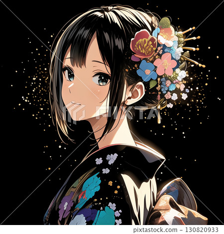 一位身穿黑色振袖和花朵裝飾的端莊女性的側面像 130820933