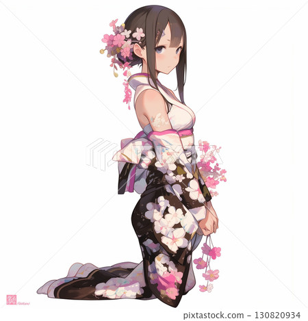 A woman in a black and white furisode sitting with a flower in her hand 130820934
